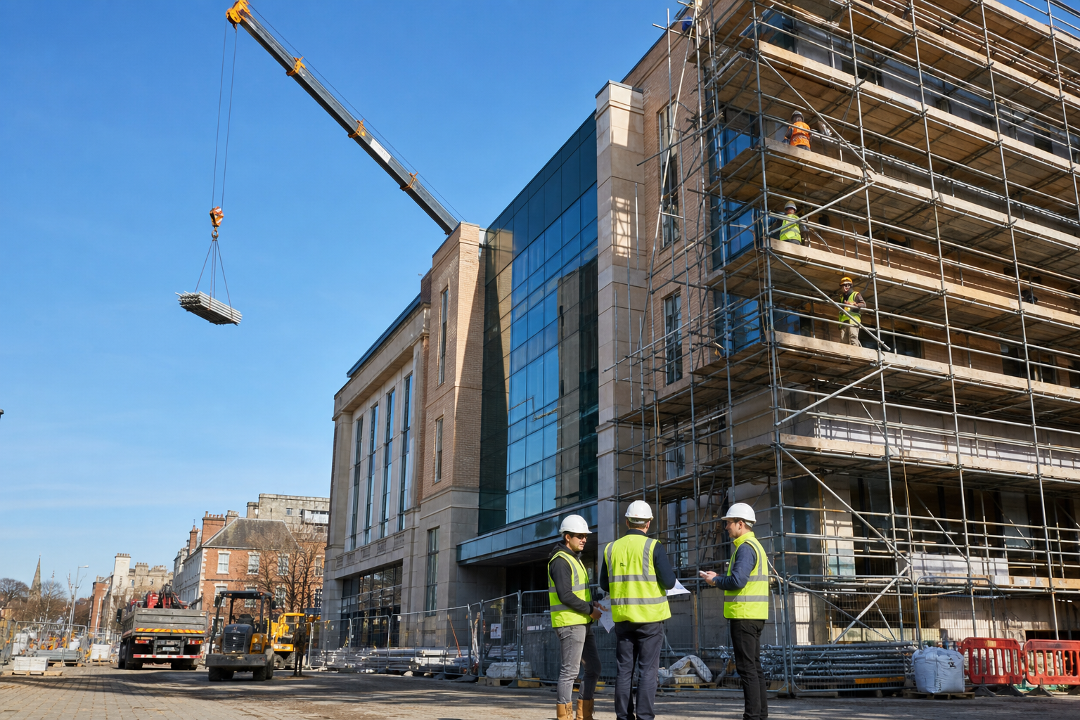 Modern building under construction with crane and workers