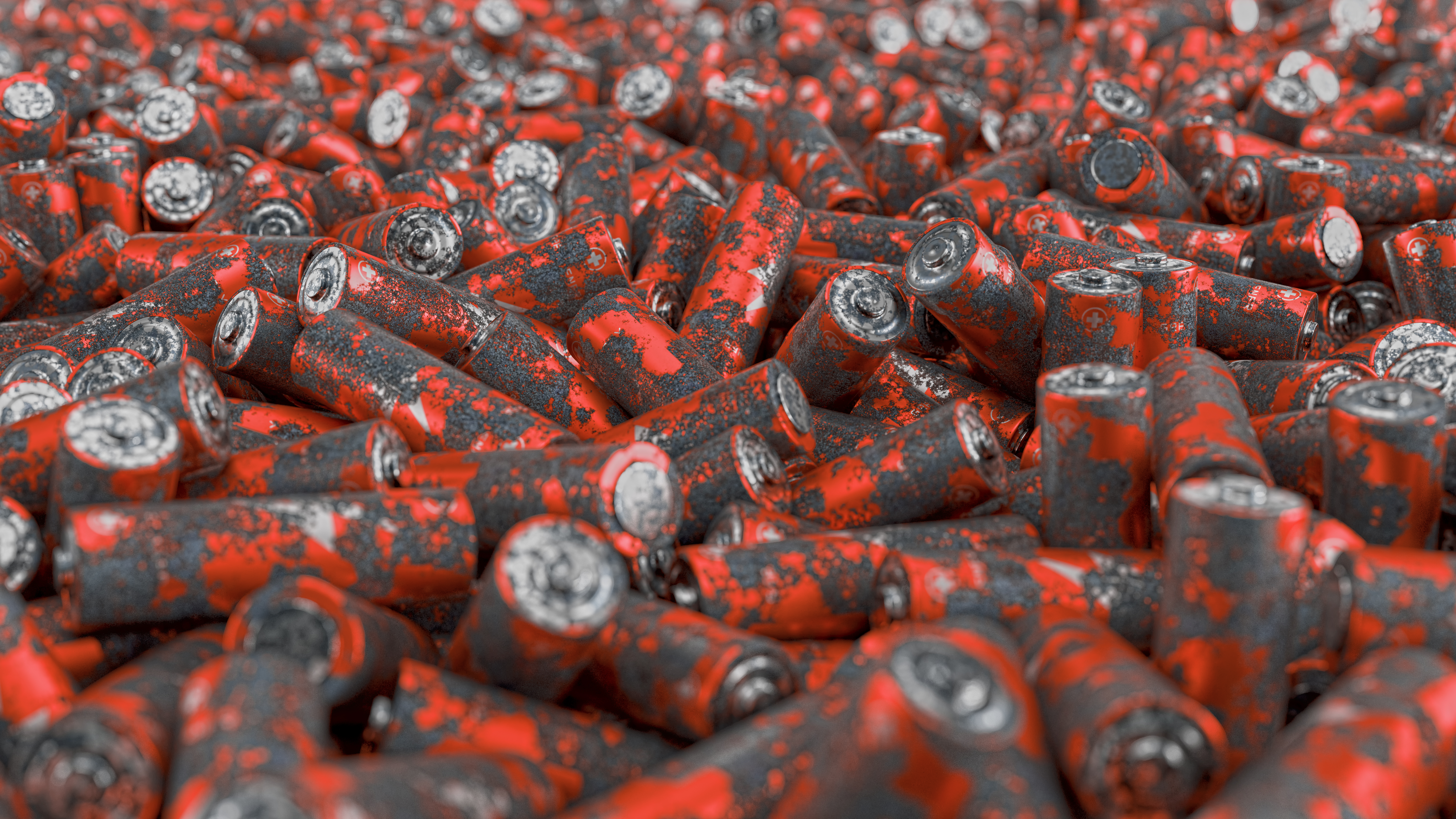 Close up of large pack of rusted batteries with soft focus