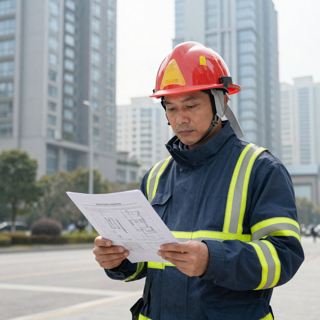 Construction worker reading document